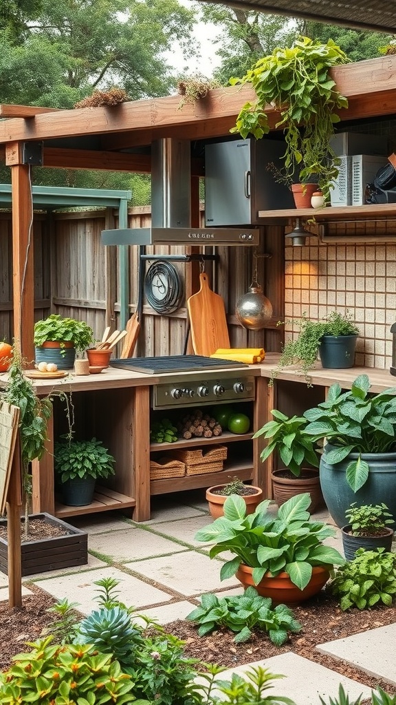 An outdoor kitchen integrated with a garden, featuring wooden counters, plants, and cooking appliances.