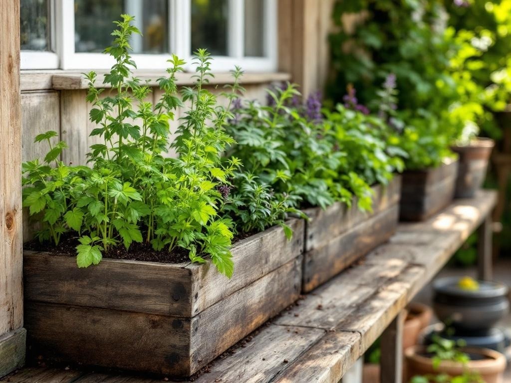 Wooden planters filled with fresh herbs near a cooking area