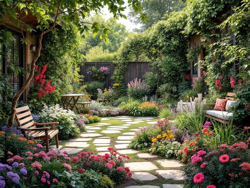 A vibrant garden filled with native plants, featuring a stone pathway and cozy seating.