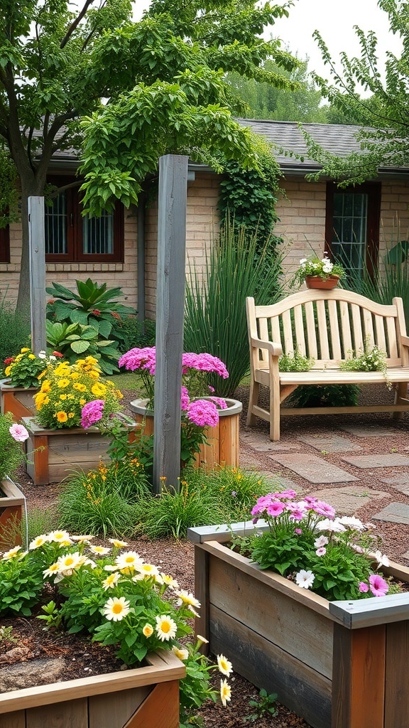 A charming garden with colorful flowers and a wooden bench.