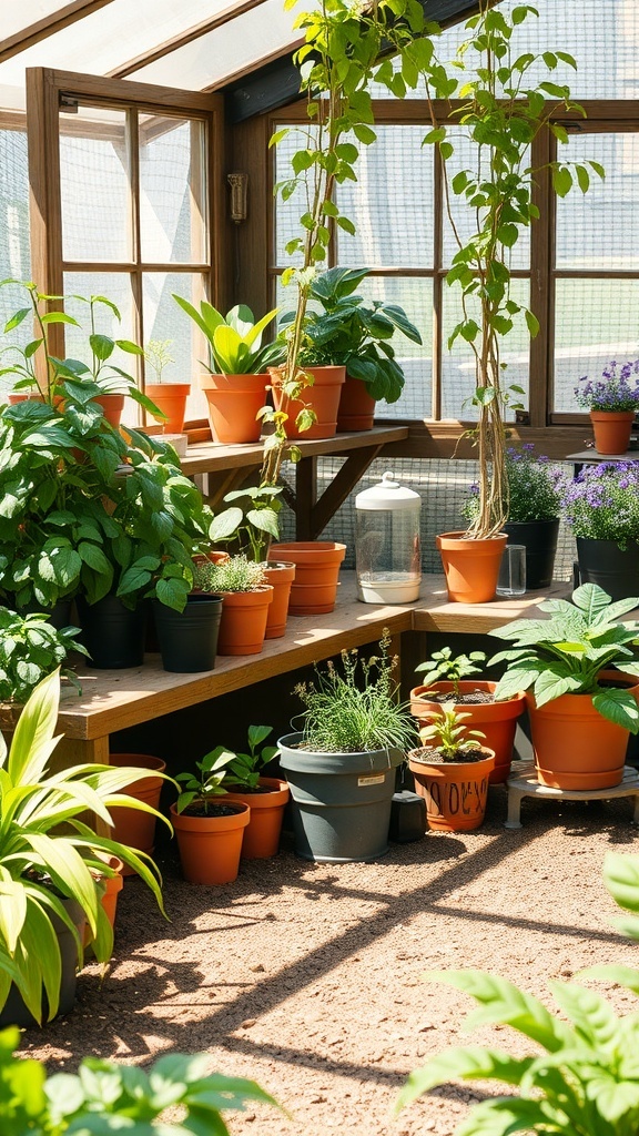 A bright gardening station with various potted plants on wooden shelves.