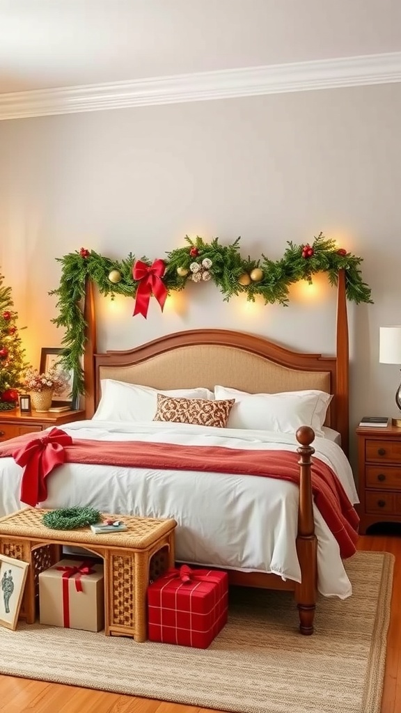 A beautifully decorated bedroom featuring a garland on the headboard with ornaments and lights.