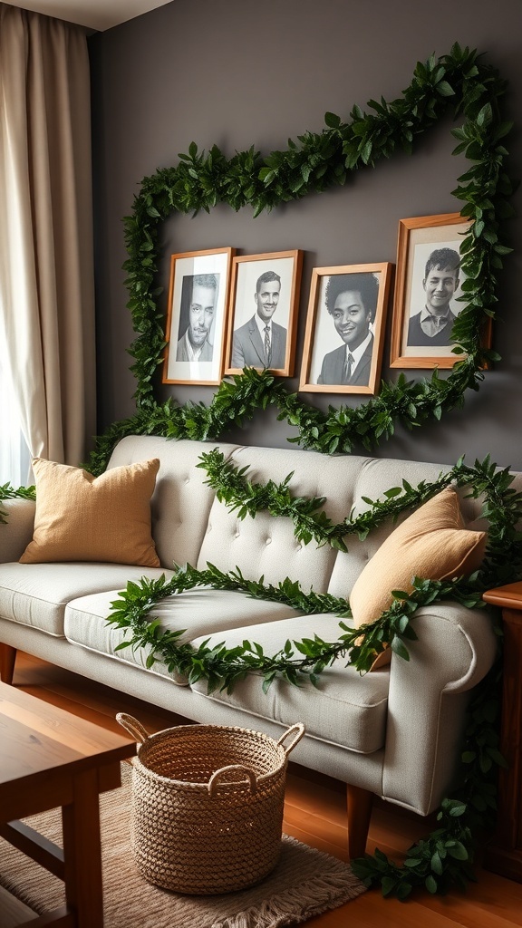 A cozy living room with garland draped over a sofa and around picture frames.