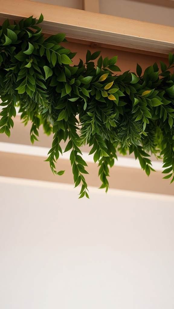 Green garland draped across a ceiling beam.