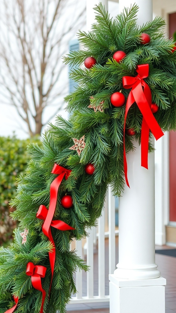 A beautifully decorated garland with red ornaments and ribbons adorning a porch railing.