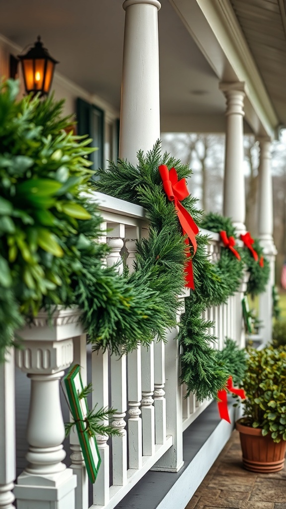 Garlands with red bows draped over white railings on a porch