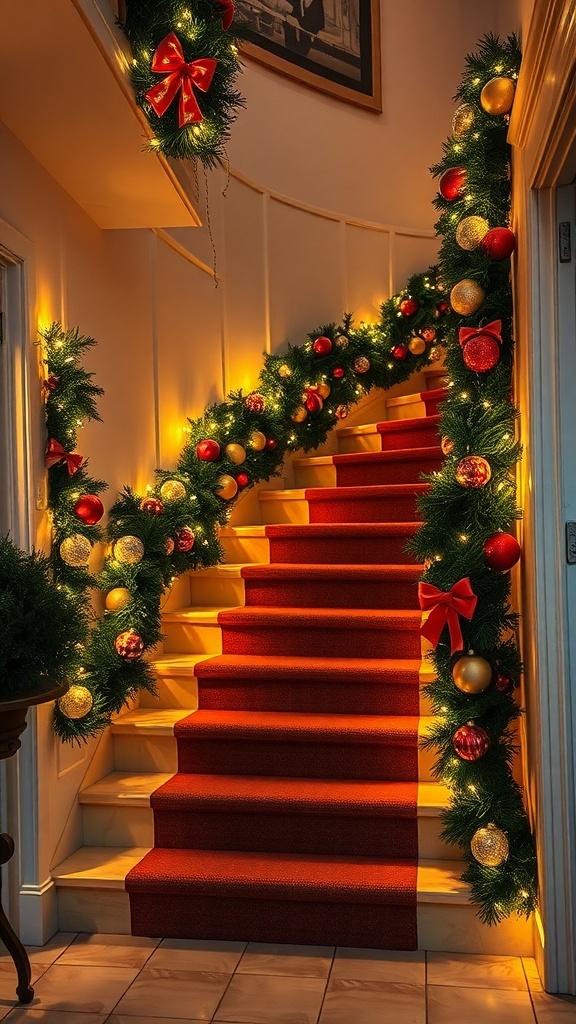 A beautifully decorated staircase with garlands, lights, and ornaments for Christmas.