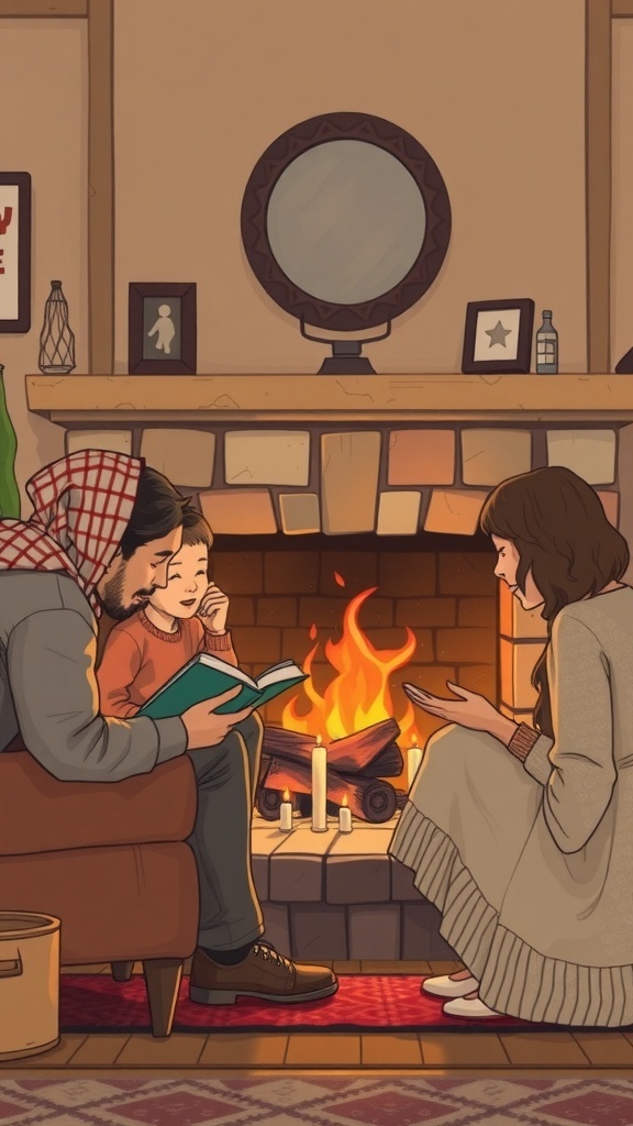 A family gathered around a fireplace, enjoying a cozy moment together.