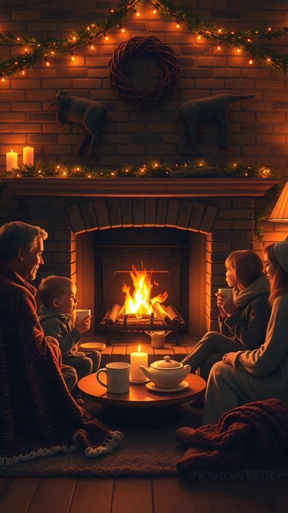 A cozy gathering around a fireplace with family, enjoying warm drinks and a festive atmosphere.
