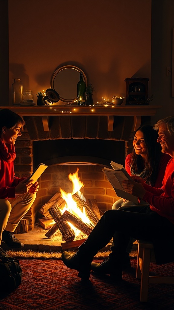 A cozy gathering around a fireplace with friends, enjoying warmth and companionship.