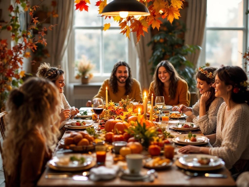 A boho Thanksgiving table setting with friends gathered around, enjoying a festive meal.
