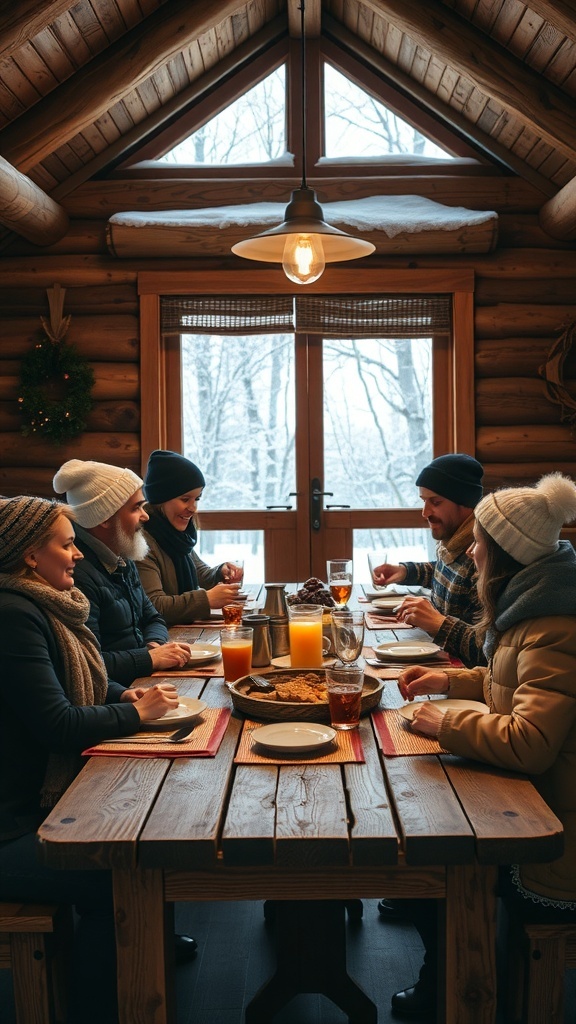 A cozy winter cabin dining scene with people gathered around a wooden table.