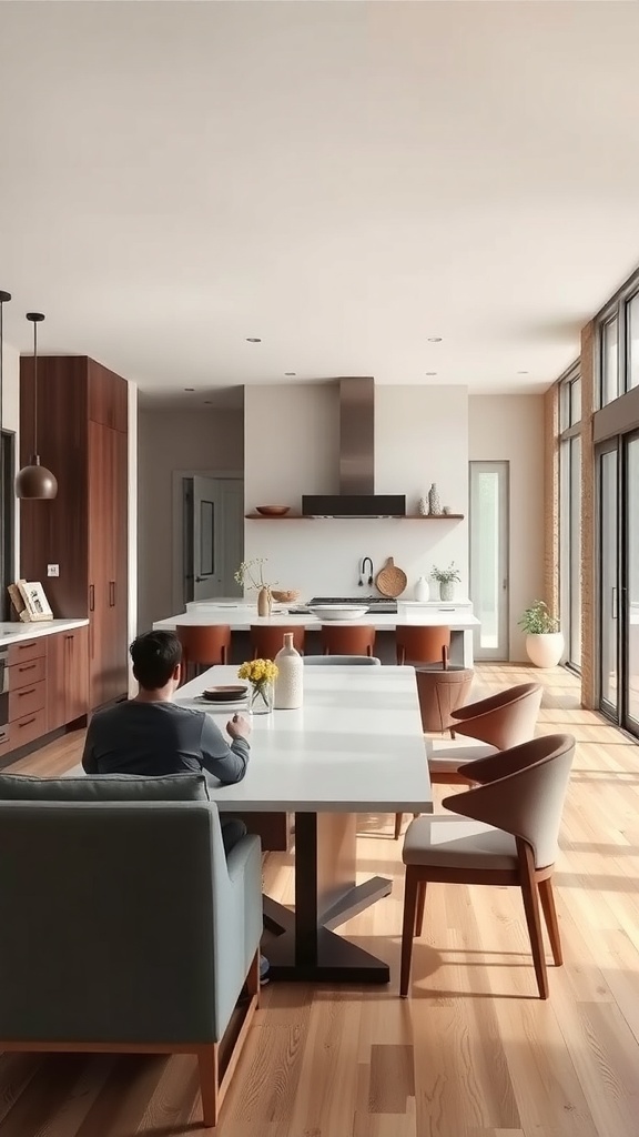 A modern kitchen with a large table, comfortable chairs, and natural light.