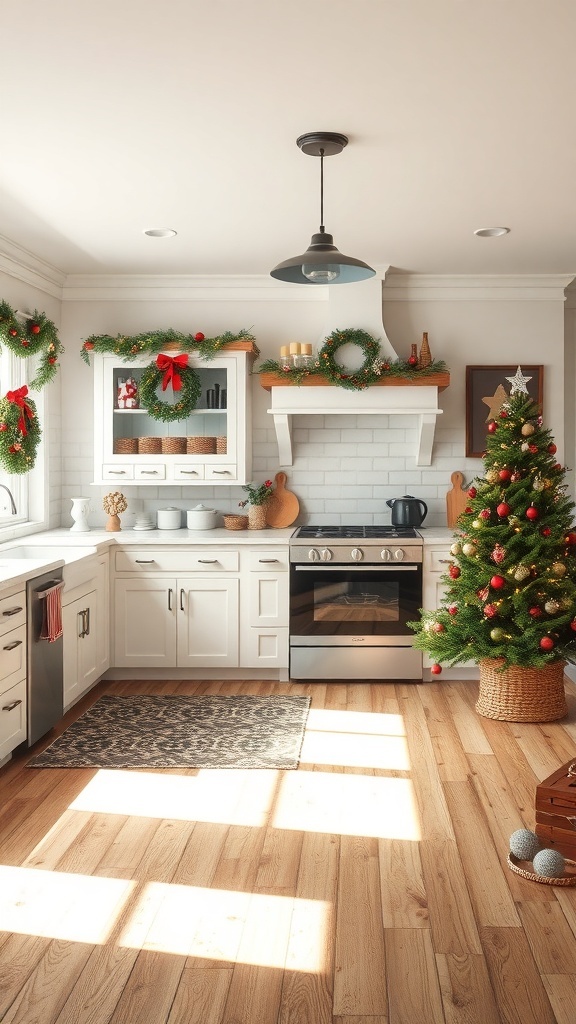 A beautifully decorated farmhouse kitchen for Christmas, featuring a small Christmas tree and festive wreaths.