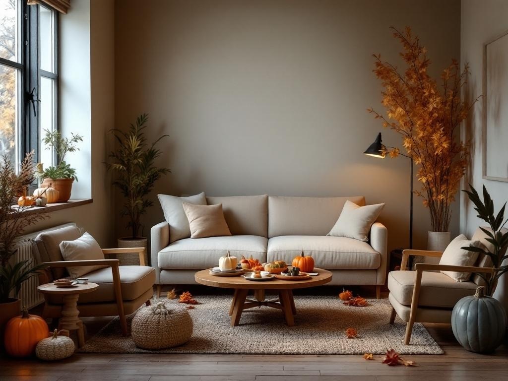Cozy living room setup for Thanksgiving with pumpkins, plants, and comfortable seating.