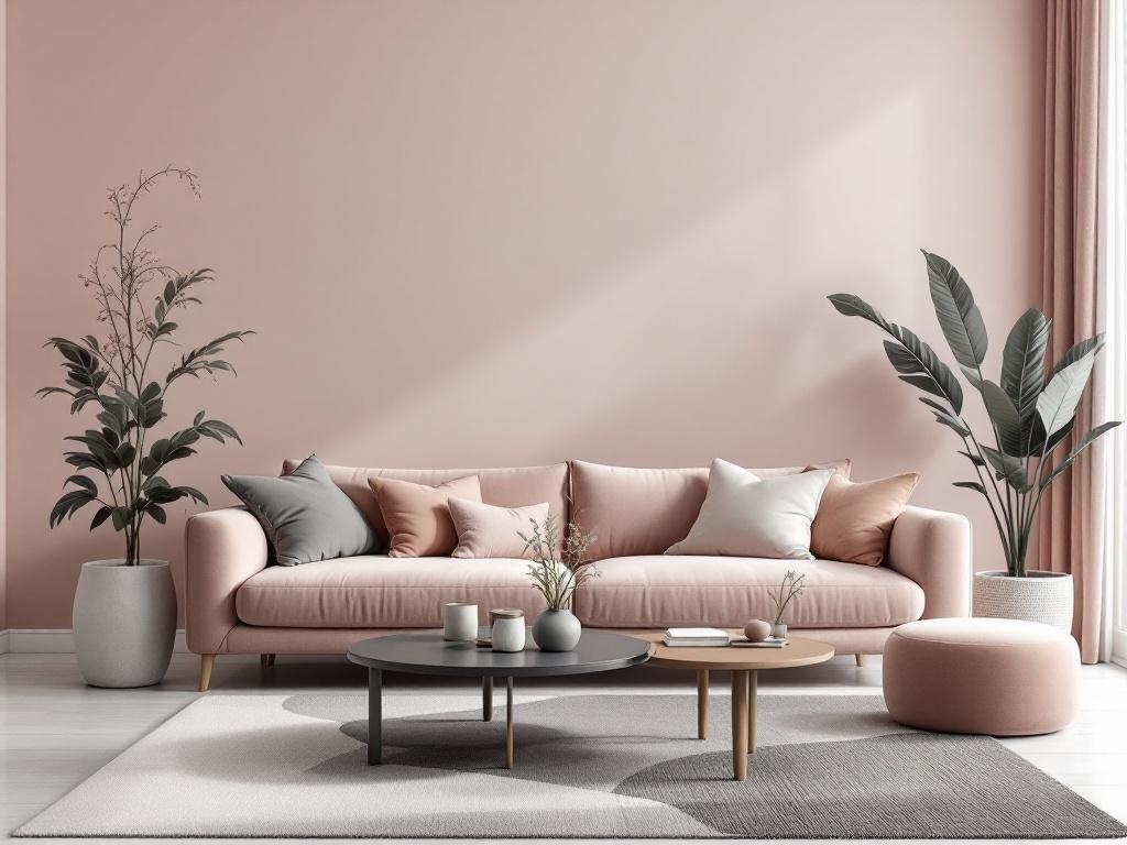 A cozy living room featuring a blush pink wall, a pink sofa with gray cushions, a gray coffee table, and indoor plants.