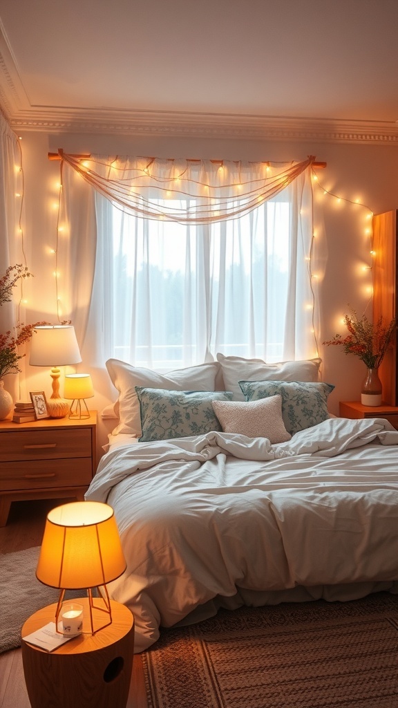 A softly lit bedroom with string lights and warm lamps creating a cozy atmosphere.