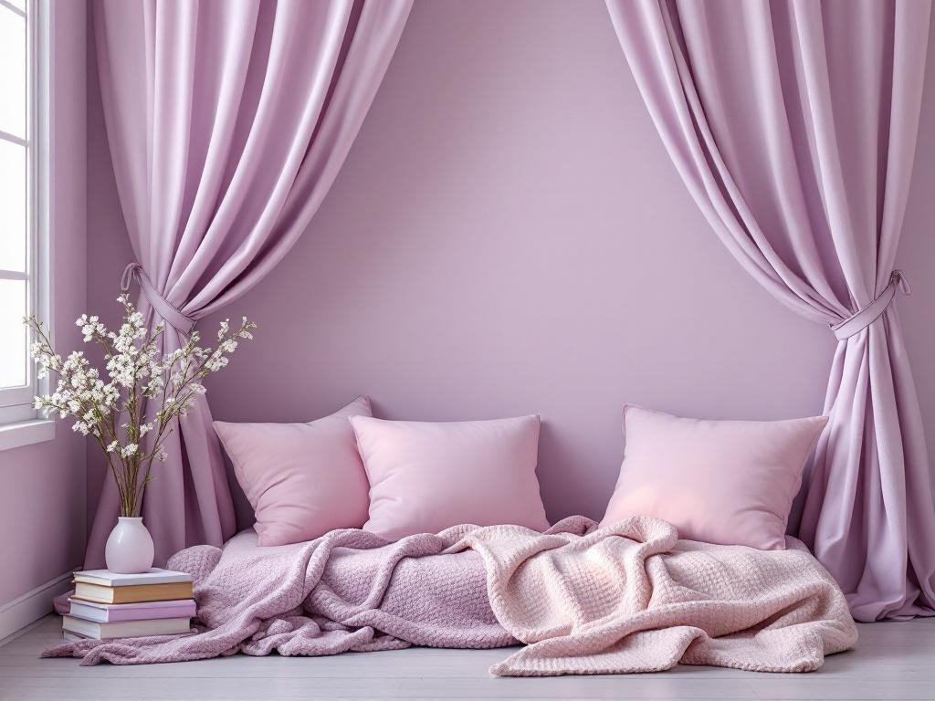 Cozy corner with lilac walls, pink pillows, and a vase of flowers