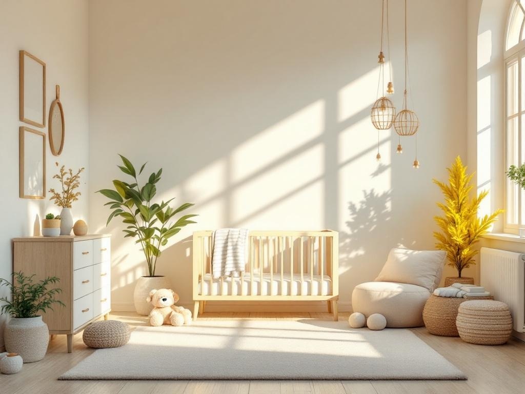 A bright and cheerful room featuring gentle pastel colors, a wooden crib, plants, and soft decor.