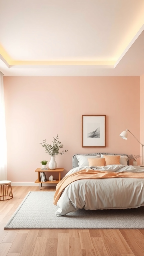 A cozy bedroom featuring soft peach walls, gray bedding, and a wooden nightstand with plants.