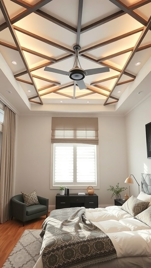 A contemporary bedroom with a geometric ceiling design featuring wooden beams and soft lighting.