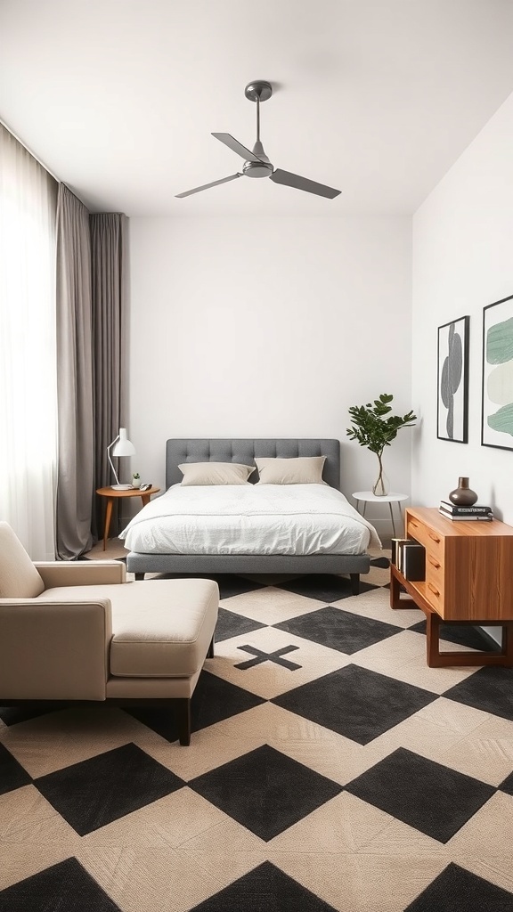 A modern bedroom featuring a geometric rug with black and beige patterns.