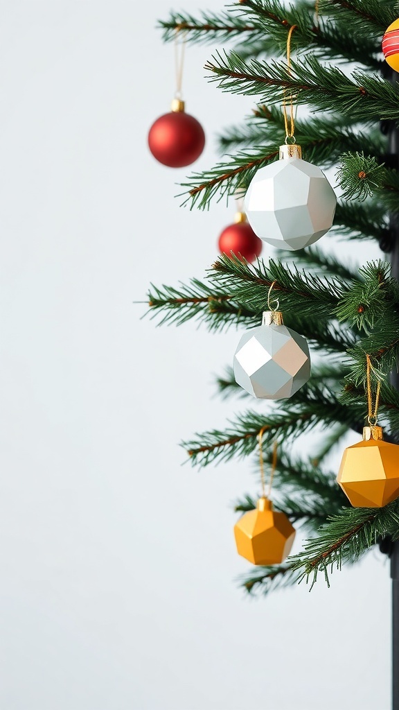 A Christmas tree adorned with geometric ornaments in red, white, and gold.