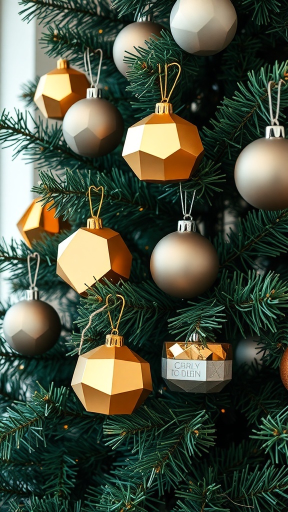 A Christmas tree adorned with geometric ornaments in gold and silver.