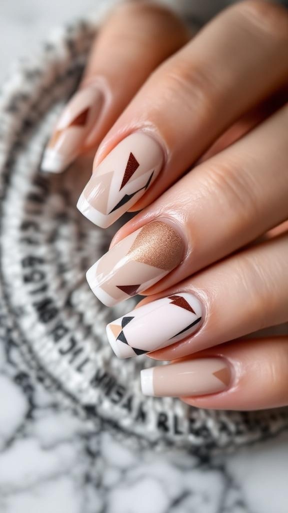 Stylish geometric patterned French tip nails with soft colors.