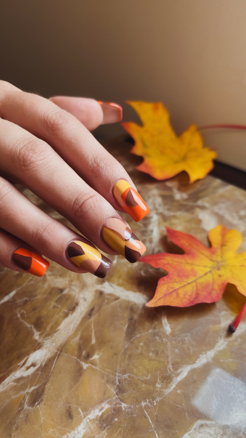 Nail art featuring geometric shapes in fall colors with autumn leaves in the background.