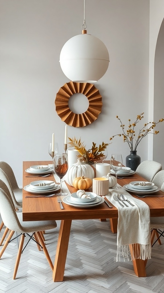A modern Thanksgiving table with geometric shapes, featuring a wooden table, round plates, and a pendant light.