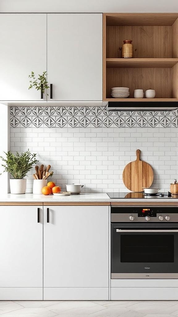A modern kitchen with a geometric splashback featuring black and white tiles, complemented by white cabinets and wooden accents.