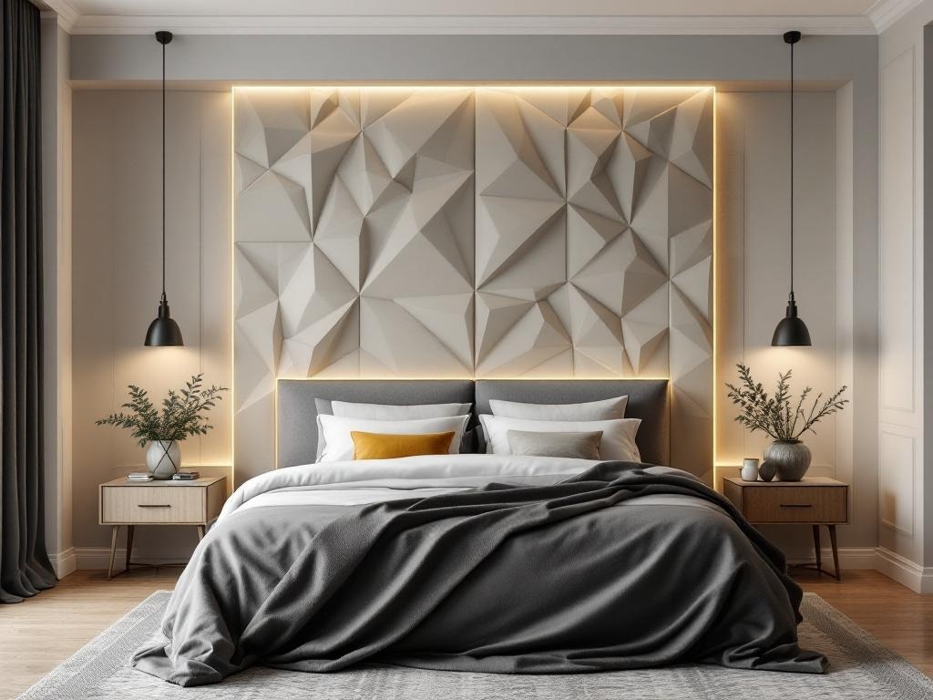 A modern bedroom featuring a geometric wall panel headboard with warm lighting, stylish bedding, and bedside tables.