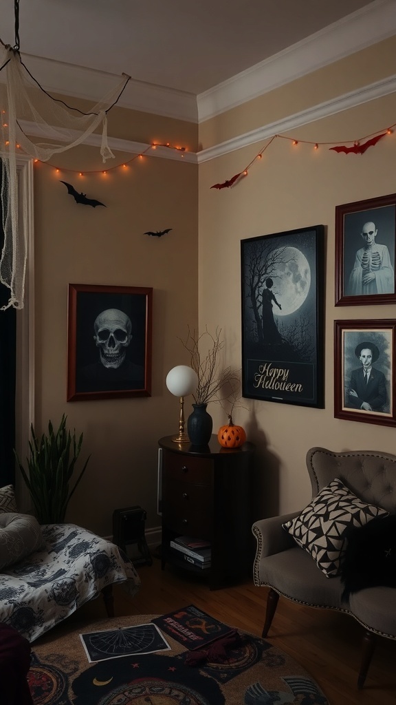 A cozy Halloween room featuring spooky art displays, including a skull portrait, Halloween-themed decorations, and warm orange lighting.