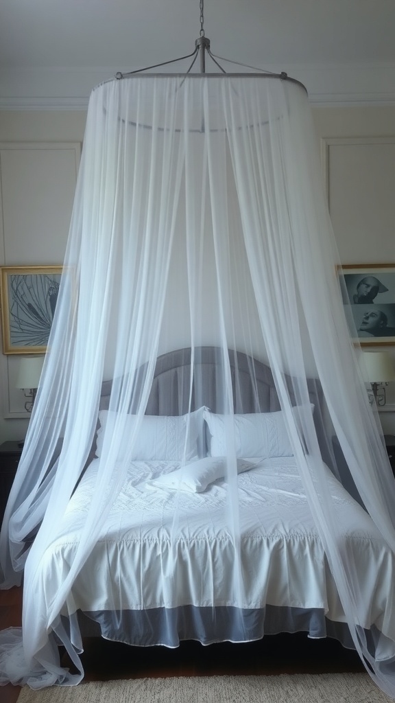 A ghostly bed canopy draped over a bed, creating a soft and ethereal atmosphere.