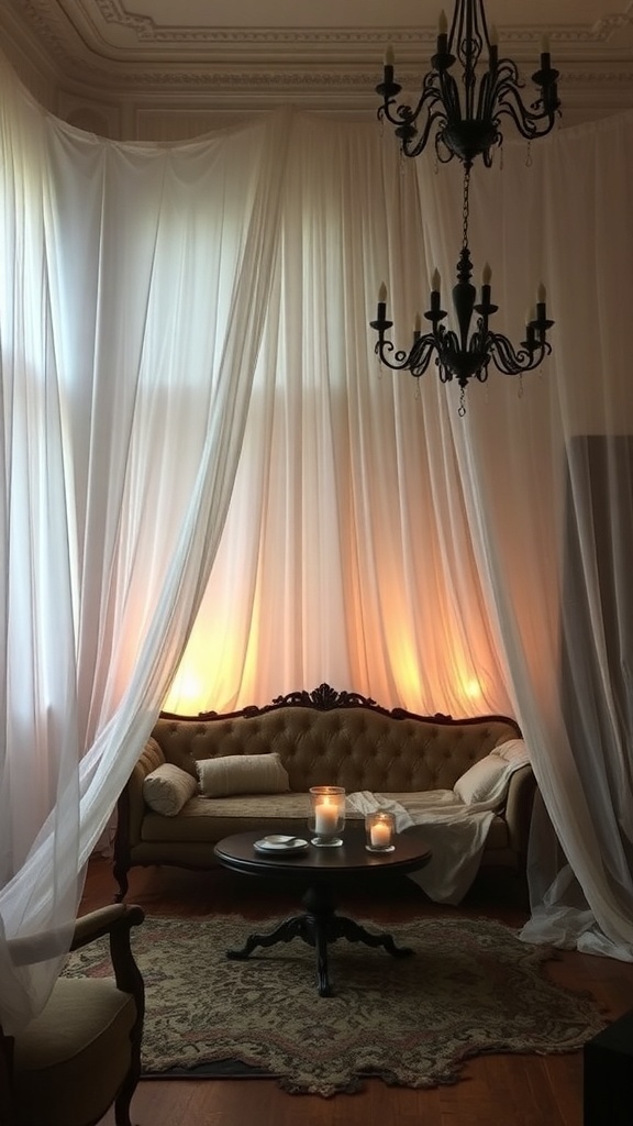 A room decorated with ghostly cheesecloth drapes, creating a spooky Halloween atmosphere.