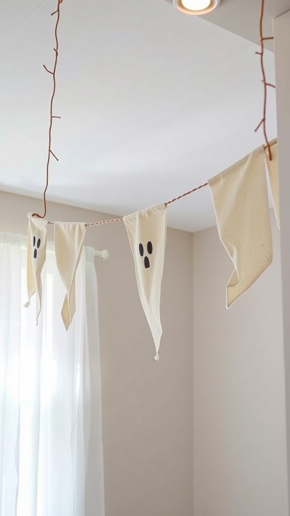 A ghostly fabric banner with triangular flags resembling friendly ghosts, hanging from a twig.