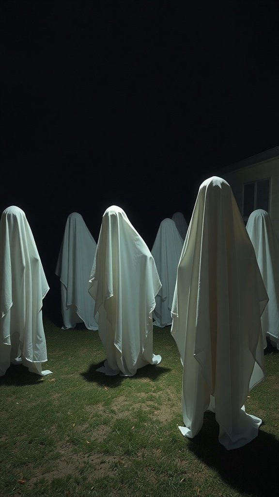 A group of ghostly figures made from white sheets standing in a dark yard