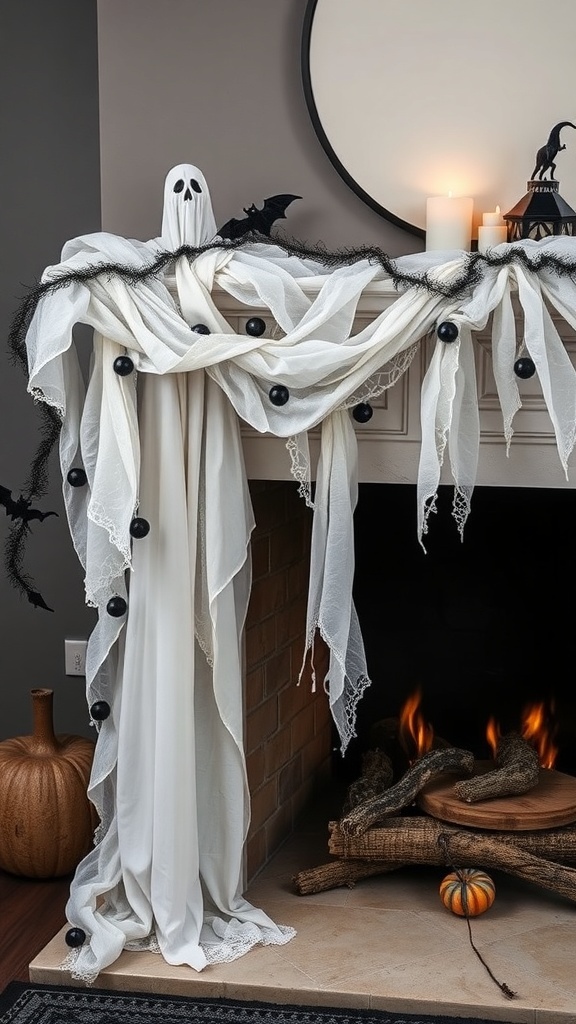A Halloween-themed fireplace decorated with a ghostly garland, black bats, and a pumpkin.