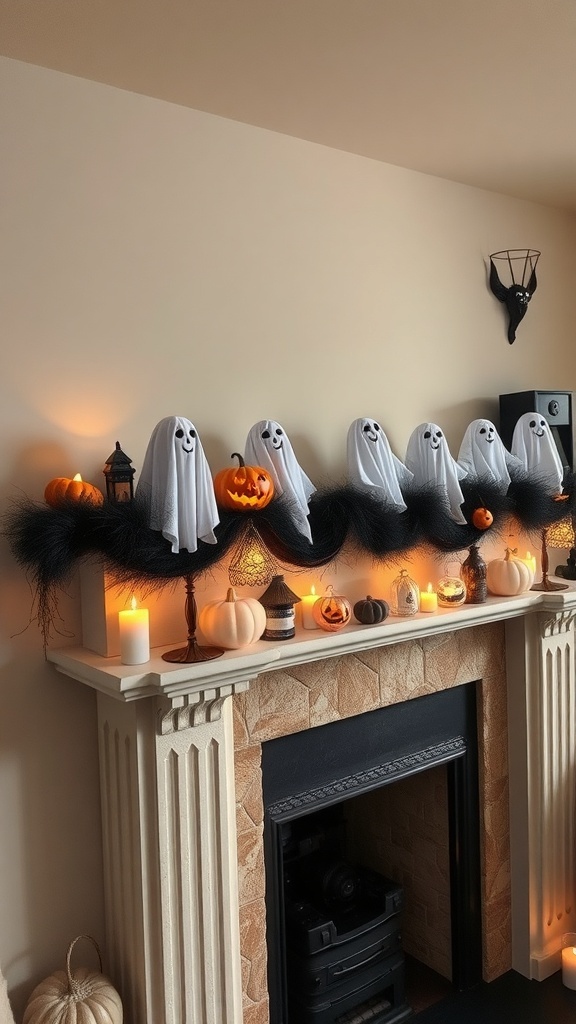 A mantel decorated with cute ghost figures and letters spelling E N E F T.