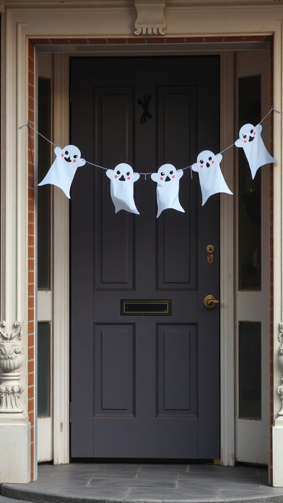 A string of friendly ghost decorations hanging in front of a door
