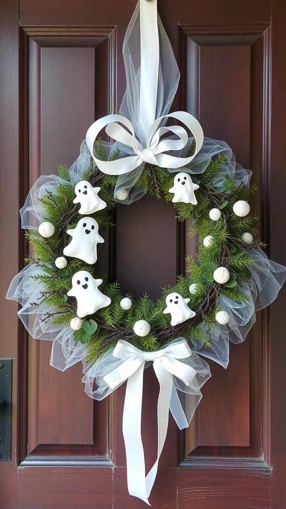 A Halloween wreath featuring friendly ghost figures, greenery, and a white ribbon.