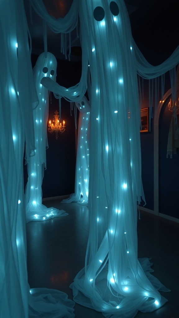 A room with pink LED lights and a neon sign, creating a spooky atmosphere.