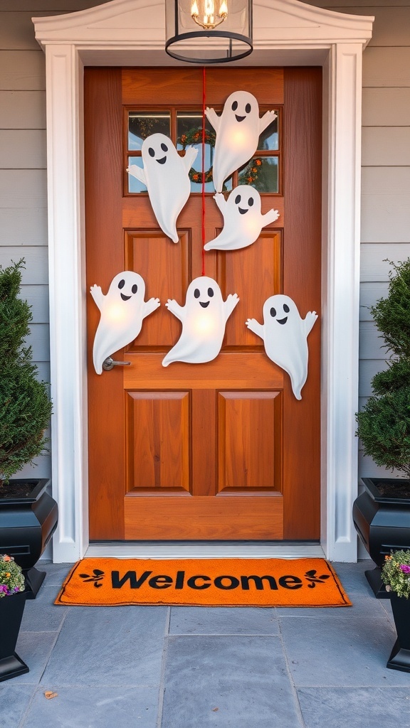 A Halloween-themed front door with hanging ghost decorations and a pumpkin.
