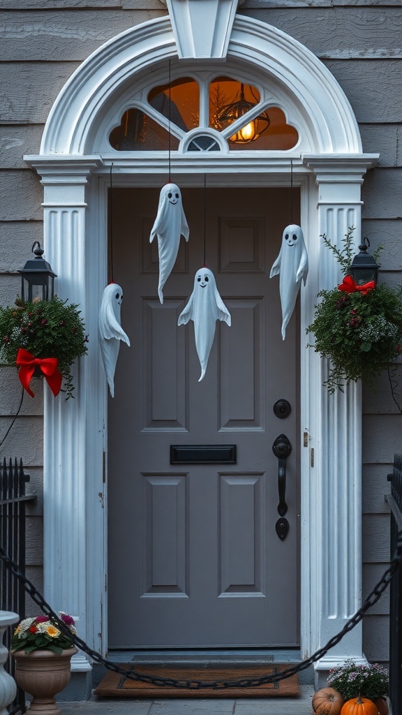 A Halloween door decorated with friendly ghost decorations hanging from the top, surrounded by plants and lanterns.