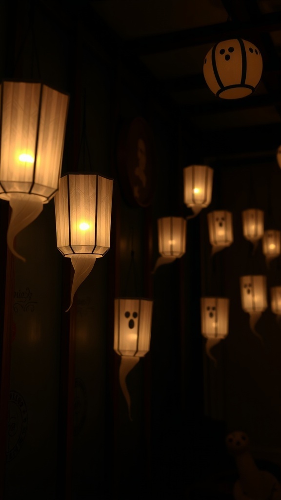 A collection of ghost-themed lanterns glowing softly in a dimly lit space.
