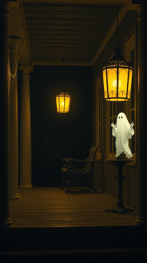 A front porch decorated with ghostly lanterns and a playful ghost figure, creating a spooky yet inviting atmosphere for Halloween.