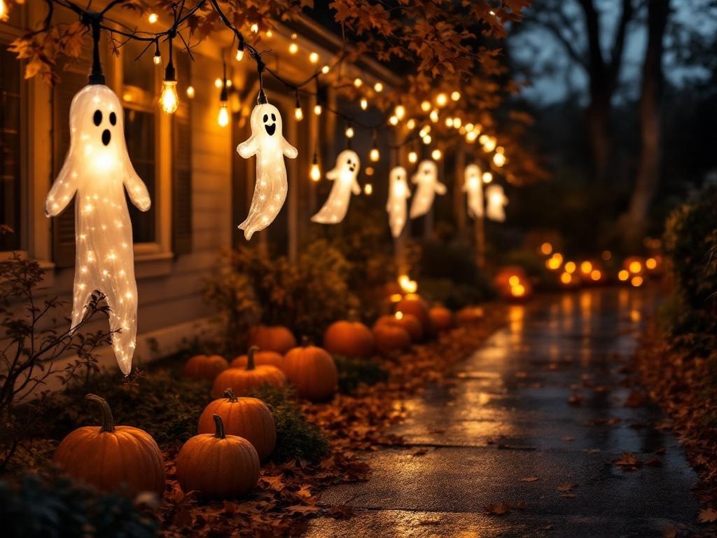 Outdoor Halloween decorations featuring glowing ghost lights and pumpkins lining a walkway.