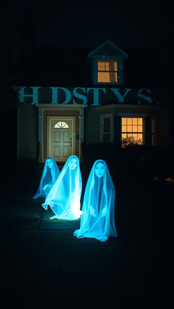 Three ghostly figures projected in a yard with a house in the background