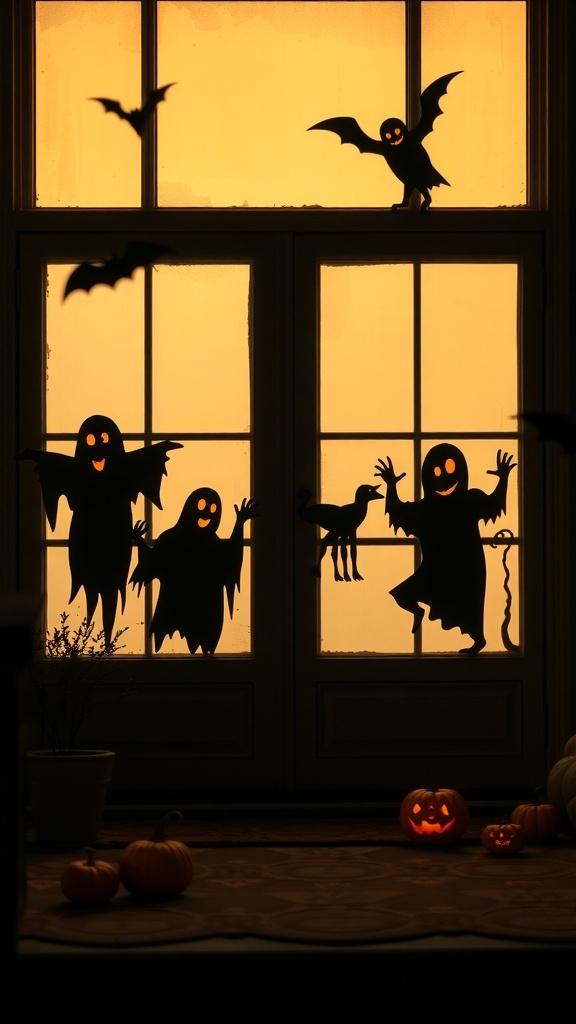 Ghost silhouettes and bats in windows with glowing pumpkins on the porch